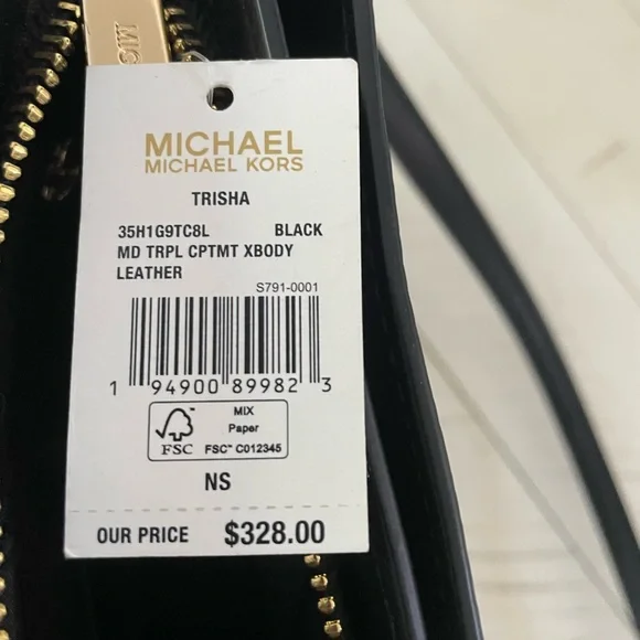 Nwt Michael Kors black gold leather Trisha medium crossbody 3 compartment zip - Picture 7 of 11